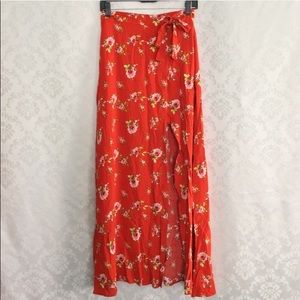 NWT Red Pink Coral Floral Wrap Maxi Skirt